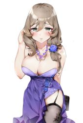 1girl absurdres arms_behind_back bag bare_arms black_thighhighs blush breasts cleavage collarbone dress dress_flower floral_print flower garter_straps genshin_impact green_eyes hair_between_eyes hair_flower hair_ornament hair_over_shoulder hand_in_own_hair handbag highres jewelry large_breasts light_brown_hair lisa_(genshin_impact) long_hair looking_at_viewer necklace purple_dress purple_flower side_slit simple_background sleeveless sleeveless_dress smile solo thighhighs white_background yztp_(sanmery)