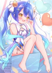 absurdres ahoge amamiya_kokoro amamiya_kokoro_(old_design) balloon barefoot bell blue_hair box breasts cleavage cleavage_cutout clothing_cutout fang feet hair_bell hair_between_eyes hair_ornament hair_ribbon hair_scrunchie hand_up heart_balloon highres in_box in_container jingle_bell long_hair matcha_november nijisanji ribbon scrunchie sidelocks skin_fang thighs twintails very_long_hair virtual_youtuber x_hair_ornament yellow_eyes