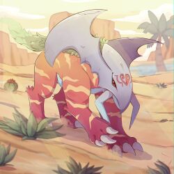calcitehead claws day desert digimon digimon_(creature) highres leaf no_humans outdoors palm_tree plant red_eyes sethmon solo tree