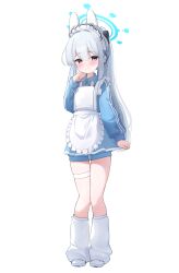 1girl absurdres animal_ears apron blue_archive blue_halo blue_jacket blue_skirt child closed_mouth commentary_request fake_animal_ears full_body halo highres jacket jacket_under_skirt leg_warmers long_hair long_sleeves looking_at_viewer maid_apron maid_headdress miyako_(blue_archive) oversized_jacket rabbit_ears shoes simple_background skirt solo thigh_strap tisofofo white_apron white_background white_hair white_leg_warmers white_shoes