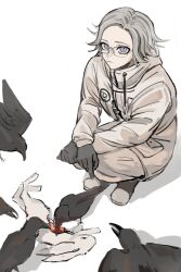 1boy aotsuki_eito bird black_gloves blue_eyes closed_mouth corpse crouching crow dead_animal drawstring eyelashes glasses gloves highres looking_at_viewer male_focus parted_hair rabbit solo solo_focus the_hundred_line_-last_defense_academy- white_hair