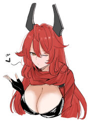 1girl black_gloves blowing_kiss english_text gloves goddess_of_victory:_nikke heart highres horns isayshow long_hair mechanical_horns one_eye_closed red_hair red_hood_(nikke) simple_background solo upper_body white_background yellow_eyes