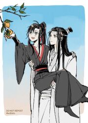 2boys ahoge black_boots black_hair black_hanfu blue_sky blush boots branch carrying chinese_clothes closed_mouth food fruit grey_eyes hair_ribbon hanfu headband high_ponytail highres holding holding_food holding_fruit lan_wangji leaf long_hair long_sleeves loquat male_focus modao_zushi multiple_boys open_mouth ponytail princess_carry red_ribbon ribbon robe sash sidelocks sky smile topknot tree twitter_username w2biiro wei_wuxian white_hanfu white_headband wide_sleeves xiao_guan_(headdress) yaoi yellow_eyes