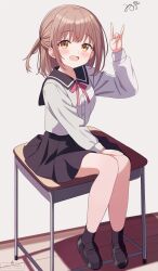 1girl :d \n/ black_sailor_collar black_shoes black_skirt black_socks blush brown_hair commentary desk full_body hand_up highres loafers long_sleeves looking_at_viewer medium_hair neck_ribbon on_desk one_side_up open_mouth original pleated_skirt red_ribbon ribbon sailor_collar school_uniform serafuku shirt shoes sidelocks signature simple_background sitting skirt smile socks solo uru_aoi23 watermark white_background white_shirt yellow_eyes