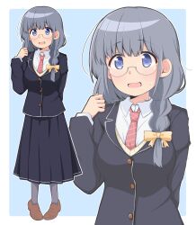 1girl :d arm_behind_back black_jacket black_skirt blue_eyes bow braid breasts brown_shoes commentary diagonal-striped_clothes diagonal-striped_necktie glasses grey_hair grey_pantyhose hair_bow hair_over_shoulder highres hiro_(05112423) jacket large_breasts loafers long_hair long_skirt long_sleeves looking_at_viewer necktie open_mouth original pantyhose pleated_skirt red_necktie shirt shoes side_braid simple_background single_braid skirt smile solo striped_clothes white_shirt wing_collar yellow_bow zoom_layer