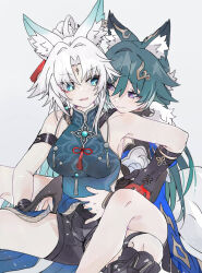 Rule 34 | 2girls, animal ear fluff, animal ears, aqua eyes, bare shoulders, behind another, black gloves, breasts, closed mouth, commentary, eyes visible through hair, facial mark, feixiao (honkai: star rail), forehead mark, fox ears, fox girl, fud, gloves, grey background, hair between eyes, hair intakes, hair ornament, hands on another&#039;s hips, heads together, highres, honkai: star rail, honkai (series), jewelry, light smile, long hair, medium breasts, multiple girls, necklace, parted lips, pink eyes, rassel, simple background, symbol-only commentary, white hair, yukong (honkai: star rail), yuri