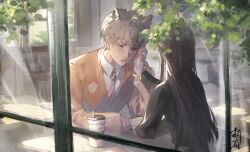 1boy 1girl absurdres animal_ears black_hair black_shirt blazer blonde_hair blue_eyes book bookshelf brown_jacket brown_necktie cat_boy cat_ears character_request check_character collared_shirt cup diagonal-striped_clothes diagonal-striped_necktie disposable_coffee_cup disposable_cup dress_shirt drinking_straw eye_contact face-to-face from_outside hand_on_another&#039;s_face highres holding_hands indoors jacket leaf long_hair long_sleeves looking_at_another love_and_deepspace male_focus necktie parted_lips protagonist_(love_and_deepspace) shirt short_hair signature straight_hair striped_clothes table white_shirt window xavier_(love_and_deepspace) zheshanshan