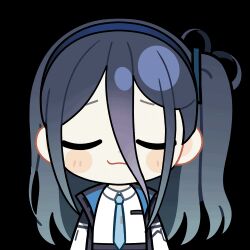 Rule 34 | 1girl, :3, animated, animated gif, aqua necktie, aris (blue archive), black jacket, blue archive, blue hair, blue hairband, blue jacket, blush stickers, chibi, chunye haruya, closed eyes, closed mouth, collared shirt, dot nose, facing viewer, hair between eyes, hairband, jacket, long bangs, long hair, long hair between eyes, lowres, multicolored jacket, necktie, one side up, open clothes, open jacket, puff of air, school uniform, second-party source, shirt, simple background, smile, smug, solo, transparent background, u u, upper body, white jacket, white shirt