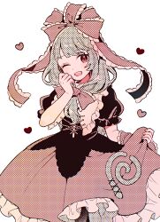 1girl arm_ribbon black_shirt bow commentary_request frilled_bow frilled_ribbon frilled_skirt frills front_ponytail green_hair hair_bow hair_ribbon heart highres kagiyama_hina looking_at_viewer mozukuzu_(manukedori) one_eye_closed open_mouth puffy_short_sleeves puffy_sleeves red_bow red_ribbon ribbon shirt short_sleeves simple_background skirt skirt_hold smile solo touhou white_background