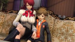 1boy 1girl 3d age_difference amada_ken animated atlus black_boots black_jacket black_skirt boots breasts brown_eyes brown_hair closed_mouth crossed_legs feet_out_of_frame handjob hetero highres hood hood_down hoodie indoors jacket kirijou_mitsuru large_breasts lolpantsu long_hair long_sleeves looping_animation naughty_face neck_ribbon onee-shota open_clothes open_jacket orange_hoodie penis persona persona_3 red_eyes red_hair red_ribbon ribbon shirt shota sitting skirt small_penis smile tagme uncensored video white_shirt