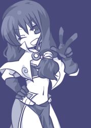 1girl bikini bikini_top_only capelet commentary_request cowboy_shot doroidsan flat_chest hair_tubes hand_on_own_hip long_hair looking_at_viewer mage_(ragnarok_online) midriff monochrome navel one_eye_closed open_mouth pelvic_curtain purple_theme ragnarok_online showgirl_skirt sidelocks simple_background smile solo swimsuit v-shaped_eyebrows