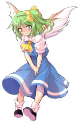 1girl alphes_(style) ascot between_legs blue_dress blush commentary_request crying crying_with_eyes_open dairi daiyousei dress full_body green_eyes green_hair hand_between_legs have_to_pee large_variant_set looking_at_viewer open_mouth parody short_hair side_ponytail socks solo style_parody tachi-e tears touhou transparent_background variant_set white_socks wings yellow_ascot