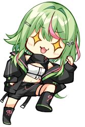 +_+ 1girl :3 bandeau black_boots black_jacket black_shorts blush boots chibi chibi_only commentary_request full_body green_hair hair_ornament hairclip hinokuma_ran indie_virtual_youtuber jacket long_hair looking_at_viewer midriff multicolored_hair navel open_clothes open_jacket open_mouth pink_hair shorts simple_background solo streaked_hair transparent_background usaba_(usabara_c) v-shaped_eyebrows very_long_hair virtual_youtuber white_bandeau