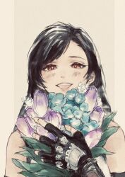 Rule 34 | 1girl, bare shoulders, birthday, black gloves, black hair, blush, bouquet, commentary request, elbow gloves, final fantasy, final fantasy vii, final fantasy vii rebirth, final fantasy vii remake, fingerless gloves, flower, gloves, holding, holding bouquet, lips, long hair, looking at viewer, open mouth, pulupulupoodle, red eyes, solo, straight-on, swept bangs, teeth, tifa lockhart, upper body, upper teeth only