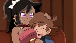 1boy 1girl atlus bandeau between_breasts black_hair breast_pillow breasts brown_hair cleavage closed_eyes dark-skinned_female dark_skin etrian_odyssey hand_on_another&#039;s_head happy head_between_breasts highres hug large_breasts open_mouth ponytail purple_eyes shilleka smile tribal