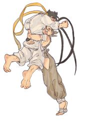 2girls appleoiwake bandaged_arm bandaged_leg bandages barefoot black_hair blush breasts carrying carrying_over_shoulder carrying_person clenched_hands dougi hip_vent ibuki_(street_fighter) karate_gi makoto_(street_fighter) multiple_girls neck_ribbon ninja ponytail ribbon short_hair sideboob smile street_fighter street_fighter_iii_(series) tiptoes tomboy yellow_ribbon