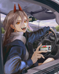 1girl absurdres artist_logo artist_name black_jacket black_necktie blue_hoodie brown_hair car_interior chainsaw_man collared_shirt cross-shaped_pupils dated fake_id formal_clothes hair_between_eyes higashiyama_kobeni highres hood hoodie horns id_card jacket logo long_hair looking_at_viewer necktie open_mouth power_(chainsaw_man) red_horns sharp_teeth shirt single_sidelock smile solo steering_wheel suit suit_jacket symbol-shaped_pupils taorotana teeth upper_teeth_only white_shirt yellow_eyes