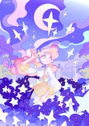 1girl absurdres basket blue_eyes bonnet braid bright_pupils cloud commentary_request crescent crescent_earrings crescent_moon dress earrings expressionless eyelashes floating_hair full_body gate gradient_hair hand_on_headwear highres holding holding_basket jewelry korean_commentary light_blush long_hair long_sleeves low-tied_long_hair moon multicolored_hair night night_sky orange_hair original outdoors parted_lips puffy_long_sleeves puffy_sleeves purple_bonnet purple_hair purple_sky see-through_clothes see-through_headwear single_braid sky solo square_neckline standing star_(sky) star_(symbol) starry_sky tareme twitter_username two-tone_hair very_long_hair wedjigamja white_dress white_pupils