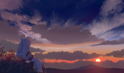 1girl absurdres animal_ears cloud cloudy_sky commentary detached_sleeves english_commentary from_behind from_below hair_ribbon highres inubashiri_momiji looking_afar mountain mountainous_horizon multicolored_sky oubachiago plant procreate_(medium) ribbon scenery sidelocks signature sitting sky solo sunset tail touhou white_hair wide_shot wolf_ears wolf_girl
