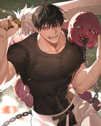 Rule 34 | 1boy, absurdres, bags under eyes, black hair, blurry, blurry background, chain, collarbone, colored skin, commentary request, covered abs, covered navel, covered pectorals, fushiguro touji, grey eyes, grin, hair between eyes, hair over eyes, hand up, highres, holding, holding sword, holding weapon, inventory curse (jujutsu kaisen), jujutsu kaisen, looking at viewer, male focus, mature male, muscular, muscular male, over shoulder, pants, pectorals, pinkpanda, purple skin, scar, scar on face, scar on mouth, shirt, short hair, short sleeves, smile, sword, sword over shoulder, taut clothes, taut shirt, upper body, weapon, weapon over shoulder, white pants
