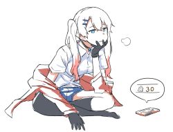 1girl arm_support asymmetrical_legwear black_socks blue_eyes cellphone choker commentary_request female_focus girls&#039;_frontline gloves hair_ornament hairclip hand_on_own_chin highres indian_style jacket kneehighs long_hair lwmmg_(girls&#039;_frontline) multicolored_hair off_shoulder phone shinoe_nun short_shorts shorts silver_hair sitting socks solo thighhighs twintails two-tone_hair uneven_legwear white_background