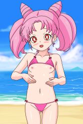 1girl absurdres beach bishoujo_senshi_sailor_moon cameltoe chibi_usa hentaimerican highres loli open_mouth pink_hair red_eyes sand solo water