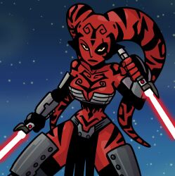 1girl alien armor artist_request bikini_armor black_gloves breasts chest_tattoo cleavage colored_skin curvy darth_talon elbow_gloves energy_sword facial_tattoo fighting_stance gloves gradient_background highres holding holding_sword holding_weapon lekku_(anatomy) lightsaber looking_at_viewer no_humans pelvic_curtain red_eyes red_lightsaber red_skin revealing_clothes serious shoulder_tattoo simple_background star_wars star_wars:_legacy sword tattoo teeth twi&#039;lek weapon wide_hips