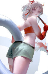 1girl arknights bare_shoulders colored_extremities commentary cowboy_shot dragon_girl eastern_dragon_horns eastern_dragon_tail hand_up highres holding horns looking_at_viewer looking_back medium_hair multicolored_hair nemofurai nian_(arknights) open_mouth pointy_ears ponytail purple_eyes red_hair red_hands red_horns red_tube_top shirt short_ponytail short_shorts shorts solo standing strapless streaked_hair teeth thighs tube_top upper_teeth_only white_background white_hair white_shirt white_shorts white_tail