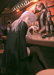 1girl 2boys absurdres bar_(place) bartender beard black_hair black_thighhighs bottle brown_hair cup earrings facial_hair glass glasses gun handgun highres holding holding_cup jacket jacket_on_shoulders jewelry kyano_(kyanora3141) looking_at_viewer multiple_boys original red_eyes round_eyewear short_hair thighhighs weapon white_hair