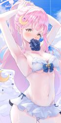 1girl absurdres alternate_costume alternate_hairstyle armpits arms_behind_head arms_up belly bikini blue_archive blue_bow blue_scrunchie blush bow breasts cleavage crescent crescent_pin feathered_wings frilled_bikini frills hair_tie_in_mouth highres looking_at_viewer mika_(blue_archive) mouth_hold navel pink_hair re_inverse scrunchie solo sweatdrop swimsuit tying_hair white_bikini wings yellow_eyes