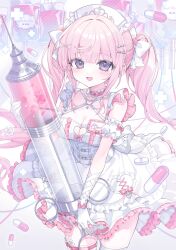1girl absurdres blood blood_bag blush bow bow_choker breasts choker cleavage cleavage_cutout clothing_cutout collar commentary_request commission cross dress flower frilled_dress frills garter_straps gloves hair_bow heart heart_cutout heart_in_eye highres himeno_aimu holding holding_syringe indie_virtual_youtuber konpe_itou large_syringe liquid long_hair looking_at_viewer medium_breasts name_tag open_mouth oversized_object pill pink_bow pink_choker pink_dress pink_flower pink_hair purple_eyes second-party_source single_garter_strap smile solo symbol_in_eye syringe thighhighs two-tone_dress very_long_hair virtual_youtuber white_bow white_collar white_dress white_flower white_garter_straps white_gloves white_thighhighs