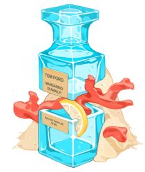 ad bottle coral cosmetics floating food fruit glass glass_bottle label lemon lemon_slice no_humans object_focus original perfume_(cosmetics) perfume_bottle sachin_teng sand simple_background tom_ford triadic_colors white_background
