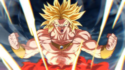Rule 34 | 1boy, abs, blonde hair, blurry, broly (dragon ball z), chromatic aberration, clenched hands, commentary request, dragon ball, dragonball z, earrings, furrowed brow, green eyes, jewelry, male focus, muscular, muscular male, necklace, open mouth, rom (20), solo, super saiyan, super saiyan 1, topless male, upper body, vambraces