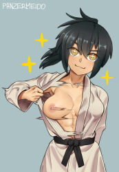 1girl abs artist_name belt black_belt black_hair clothes_pull dougi highres ijiranaide_nagatoro-san looking_at_viewer motion_blur muscular muscular_female nipples one_breast_out orihara_(nagatoro) panzermeido pulling_own_clothes smile solo sparkle sparkling_eyes toned toned_female