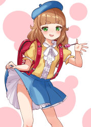 Rule 34 | 1girl, absurdres, backpack, bag, beret, blue hat, blue skirt, blush, brown hair, center frills, clothes lift, commentary request, commission, crime prevention buzzer, crime prevention buzzer threat, frills, green eyes, hat, highres, lifting own clothes, looking at viewer, medium hair, miniskirt, nyama, open mouth, original, pixiv commission, pleated skirt, puffy short sleeves, puffy sleeves, randoseru, red bag, shirt, short sleeves, simple background, skirt, skirt lift, solo, underwear, v-shaped eyebrows, yellow shirt