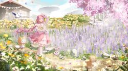 1girl ^_^ absurdres ambird_(infinity_nikki) animal ankle_socks balloon bare_shoulders bird black_bow black_ribbon blue_sky blunt_bangs blushbunny bouquet bow bowtie bra_strap brown_eyes bubble bud cabin cat cherry_blossoms choker cloak closed_eyes clothed_animal cloud cobblestone day dog dot_nose ear_covers falling_petals floating_clothes floating_hair floof_(infinity_nikki) flower frilled_shirt frilled_skirt frilled_sleeves frills full_body garden garland_(decoration) hair_bow hair_ribbon hand_on_own_head happy highres holding holding_bouquet hood hood_up hooded_cloak in-universe_location infinity_nikki lavender_(flower) layered_skirt light_blush long_hair long_sleeves looking_ahead low_twintails medium_skirt meng_qiao momo_(nikki) mountainous_horizon nikki_(nikki) nikki_(series) off-shoulder_shirt off_shoulder open_mouth orange_flower outdoors path pebble petals pink_choker pink_flower pink_hair pink_shoes pink_skirt pleated_skirt puffy_long_sleeves puffy_sleeves purple_flower rabbit red_bow red_bowtie ribbon road rock shiba_inu shirt shoes sidelocks skirt sky sleeves_past_wrists smile snowflake_print socks spring_(season) sunflower sunlight tree tress_ribbon tulip twintails very_long_hair walking wavy_hair white_cat white_flower white_shirt white_skirt white_socks wind yellow_cloak yellow_flower