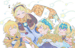 1girl 3boys armlet armor baggy_clothes blonde_hair bomber_jacket bracer brother_and_sister castor_(fate) closed_eyes collar earrings fate/grand_order fate_(series) fingerless_gloves gloves goggles goggles_on_head gold_armor green_eyes jacket jason_(fate) jewelry metal_collar multiple_boys one_eye_closed oneroom-disco pauldrons pollux_(fate) purple_eyes robe scarf shoulder_armor siblings smile trait_connection twins vambraces voyager_(third_ascension)_(fate) voyager_golden_record white_robe yellow_scarf