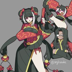 1boy 1girl absurdres black_dress black_hair closed_eyes closed_mouth crossed_arms double_bun dress frilled_sleeves frills glasses gold_trim hair_bun high_kick highres jia_xichun_(project_moon) kekeken kicking limbus_company long_hair looking_at_viewer low_twintails multicolored_hair multiple_views open_mouth pink_eyes project_moon red_shrug side_slit streaked_hair twintails wei_(project_moon) white_hair