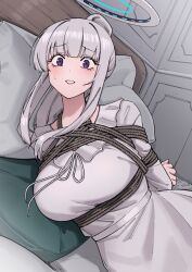 1girl absurdres arms_behind_back bdsm blue_archive bondage bound breasts frilled_pajamas frills halo harris_hero highres large_breasts long_hair looking_at_viewer mechanical_halo nightgown noa_(blue_archive) noa_(pajamas)_(blue_archive) official_alternate_costume pajamas ponytail purple_eyes restrained rope sleepwear white_halo white_nightgown white_pajamas