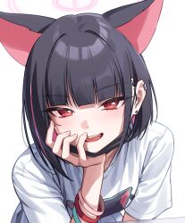 akabino animal_ears black_hair black_mask blue_archive blush bracelet cat_ears earclip earrings extra_ears halo highres jewelry kazusa_(band)_(blue_archive) kazusa_(blue_archive) logo looking_at_viewer mask mouth_mask multicolored_hair pink_hair print_shirt shirt short_hair short_sleeves simple_background smile stud_earrings two-tone_hair white_background white_shirt