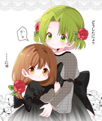 2girls blush bow brown_eyes brown_hair dejiko di_gi_charat dot_nose dress flower green_eyes green_hair grey_dress highres ichigo_to_marugao long_sleeves looking_at_viewer multiple_girls no_headwear puchiko red_flower red_rose rose speech_bubble translation_request