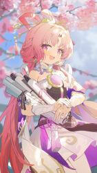 1girl absurdres bare_shoulders bow-shaped_hair chinese_hairpin coria dress forehead_jewel fu_xuan_(honkai:_star_rail) hair_rings highres honkai:_star_rail honkai_(series) long_hair looking_at_viewer low_twintails open_mouth outdoors pantyhose parted_bangs pink_hair purple_eyes short_sleeves smile solo twintails very_long_hair white_dress white_pantyhose
