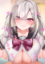 1boy 1girl blush bow bowtie breasts brown_sailor_collar closed_mouth collarbone commentary_request festa11307070 grey_hair grey_serafuku heart huge_breasts long_hair looking_at_viewer nijisanji paizuri pink_bow pink_bowtie pink_eyes sailor_collar school_uniform serafuku short_sleeves smile solo_focus sukoya_kana sukoya_kana_(3rd_costume) translation_request twintails virtual_youtuber