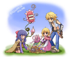 1boy 2girls alchemist_(ragnarok_online) belt belt_pouch black_belt black_gloves blonde_hair blue_hair blue_pants bow brown_cape brown_dress brown_eyes cape closed_eyes closed_mouth commentary_request copyright_name crop_top detached_sleeves dress fingerless_gloves flora_(ragnarok_online) flower full_body fur-trimmed_pants fur-trimmed_shirt fur_collar fur_trim gloves hair_bow heart hydra_(ragnarok_online) jacket long_hair long_sleeves looking_at_another merchant_(ragnarok_online) multiple_girls navel open_clothes open_mouth open_shirt pants pink_flower pink_jacket pink_skirt pouch purple_sleeves ragnarok_online red_bow shirt shoes short_hair skirt sleeveless sleeveless_shirt slime_(creature) smile suspenders vambraces vanilmirth_(ragnarok_online) white_shirt whitesmith_(ragnarok_online) yuru4u