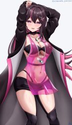 1girl absurdres armanditto arms_behind_head asymmetrical_sidelocks azki_(2nd_costume)_(hololive) azki_(hololive) belt black_bra black_choker black_coat black_panties black_shorts black_thighhighs blush bra breasts brown_hair choker cleavage coat colored_inner_hair commentary contrapposto double-parted_bangs dress english_commentary grey_background hair_between_eyes hair_intakes hair_ornament hairclip high_belt highleg highleg_panties highres hololive jewelry long_coat long_hair looking_at_viewer medium_breasts multicolored_hair narrow_waist navel necklace open_mouth over-kneehighs panties panty_straps pelvic_curtain pink_dress pink_hair purple_eyes see-through_clothes see-through_dress see-through_midriff self_cosplay short_dress short_shorts shorts sidelocks simple_background skindentation sleeveless sleeveless_dress solo strapless strapless_bra streaked_hair thighhighs twitter_username underboob underwear virtual_youtuber wide_hips