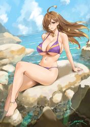 1girl 2020 ahoge anklet artist_name bare_shoulders barefoot beach bikini blue_sky blush breasts brown_eyes brown_hair cleavage cloud collarbone cross cross_earrings dated earrings feet female_focus hair_over_one_eye halterneck highres jewelry knee_up kono_subarashii_sekai_ni_shukufuku_wo! large_breasts latin_cross legs long_hair looking_at_viewer matching_hair/eyes navel parted_lips purple_bikini rock sendo_(sendrawz) sitting sky smile solo swimsuit thighs toes underboob water wiz_(konosuba)