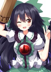 1girl ;d arm_cannon arm_up black_hair blush bow center_frills collared_shirt commentary frilled_shirt_collar frills green_bow green_skirt hair_bow hand_up highres long_hair looking_at_viewer one_eye_closed open_mouth red_eyes reiuji_utsuho ruu_(tksymkw) shirt short_sleeves simple_background skirt smile solo third_eye touhou upper_body v weapon white_background white_shirt