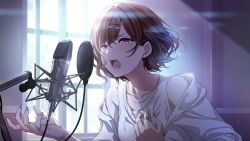 Rule 34 | 1girl, bare shoulders, hair ornament, hairclip, highres, higuchi madoka, idolmaster, idolmaster shiny colors, jewelry, microphone, music, necklace, official art, open mouth, pink nails, red eyes, ring, singing, window