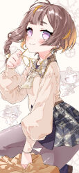 1girl absurdres anya_melfissa anya_melfissa_(indonesian_casual) azusa_(azunyan12) braid braided_ponytail brown_hair brown_pantyhose chibi coat collared_shirt earrings eyewear_strap floating_hair gears gradient_hair highres holding holding_removed_eyewear hololive hololive_indonesia jewelry kneeling light_blush low_side_ponytail multicolored_hair necktie orange_hair pantyhose parted_bangs print_necktie print_skirt puffy_sleeves purple_eyes round_eyewear shirt short_hair skirt smile unworn_coat unworn_eyewear virtual_youtuber yellow-framed_eyewear