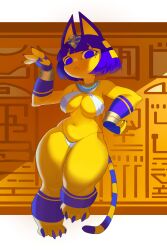 1girl absurdres ancient_egyptian ancient_egyptian_clothes animal_crossing animal_ears animal_feet ankha_(animal_crossing) blue_eyes blue_hair blue_nails blunt_bangs bob_cut bracelet breasts cat_ears cat_feet cat_girl cat_tail claws cleavage closed_mouth colored_sclera colored_skin commentary curvy full_body furry furry_female hair_ornament hand_up hieroglyphics highres jewelry letterboxed looking_at_viewer mole mole_under_eye navel nintendo outside_border roxy_thefoxy short_eyebrows short_hair simple_background snake_hair_ornament solo striped_tail tail thick_thighs thighs wide_hips yellow_sclera yellow_skin